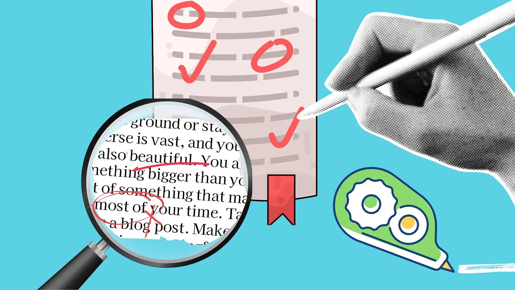 Korrektorat – professionelle Textkorrektur visuell erklärt Illustration eines Korrektorats mit Textkorrektur, Checkliste und Lupe