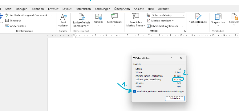 Screenie2 Screenshot: Wortanzahl in Microsoft Word über „Überprüfen“ und „Wörter zählen“ anzeigen