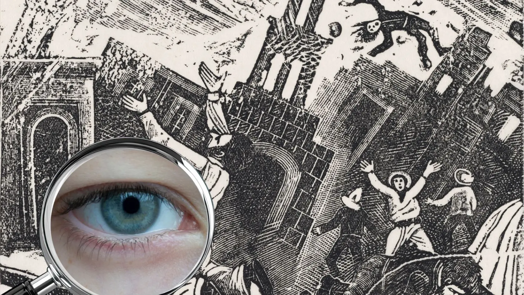 Lupe mit vergrößertem Auge vor historischer Illustration – symbolisches Motiv für ein Buch-Lektorat