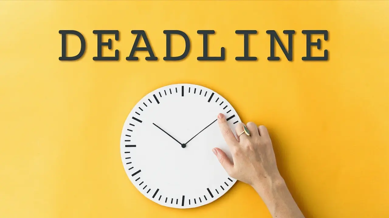 Freelancer arbeiten effizient unter Zeitdruck und halten Deadlines ein Hand stellt Uhr auf Deadline-Zeit vor gelbem Hintergrund als Symbol für Termindruck und schnelle Umsetzung
